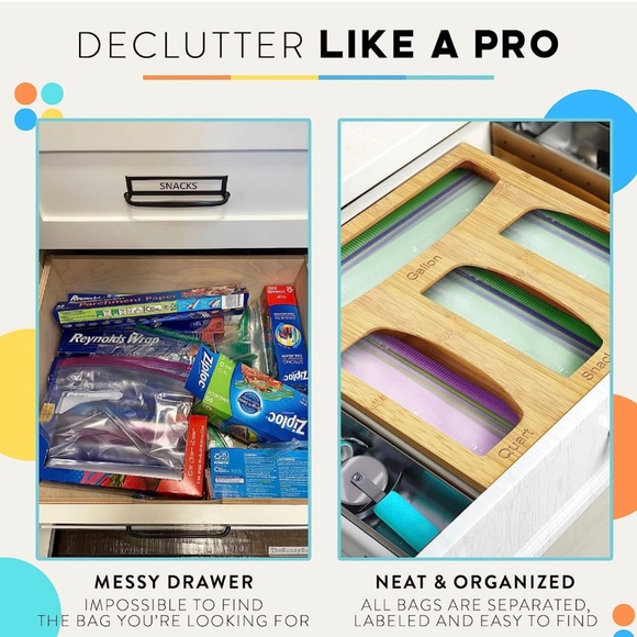 Bamboo Ziplock Bag Storage Organizer w/ 4 Compartments - Baggie Organizer Drawer - Picture 6 of 7